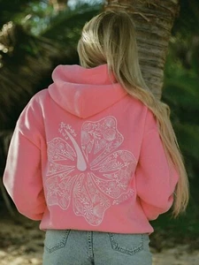 Preppy Oversized Hibiscus Embroidery Hoodie gray Pink Palm Flower Hawaiian Aloha - Picture 1 of 16