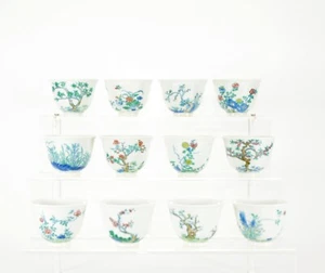 Complete Set of 12 Chinese Qing Kangxi MK Doucai Monthly Flower Porcelain Cup - Picture 1 of 12