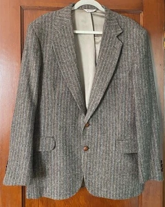 VTG Stuart Hughes Fuzzy Wool Brown Stripe Elbow Patch Blazer Leather Buttons 44R - Picture 1 of 9