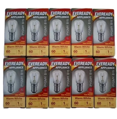 10x 15W EVEREADY BOMBILLAS PYGMEAS BLANCO CÁLIDO B15 SBC vatios 60 LÚMENES BAYONETA PEQUEÑA