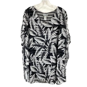 Catherines Top Womens 1x 18/20W Sleeveless Sheer Overlay Black Botanical Print - Picture 1 of 8