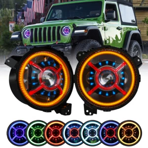 2 PIEZAS 9" LED RGB DRL CONJUNTO DE FAROS PARA JEEP WRANGLER RUBICON SAHARA 2018-24 - Imagen 1 de 14