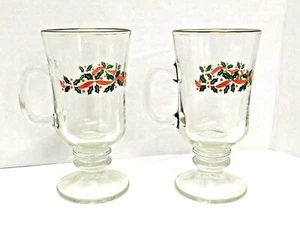 Arby's Libbey Irish Coffee Mugs 8oz Holly 5" Tall Christmas Gold Rim Set/2 VTG - Picture 1 of 6