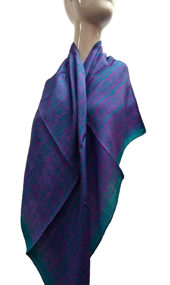 Silk Scarf Tribal Teal Vibrant Fuchsia India Silk BIG SIZE 40 in LARGE VINTAGE - Image 1 of 4