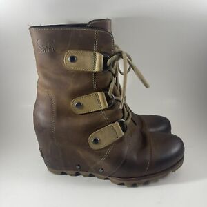 Women's Sorel Joan of Arctic Wedge Mid Waterproof Brown Leather Boots US Sz 7