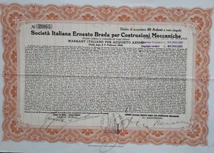 MILANO 1929 WARRANT ERNESTO BREDA COSTRUZIONI MECCANICHE * TITOLO PARTICOLARE - Picture 1 of 1