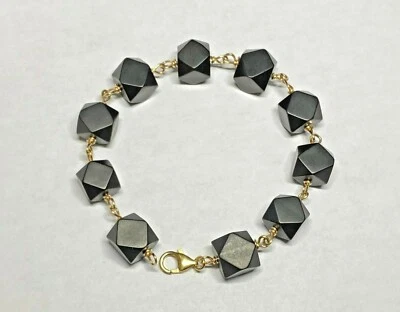 14K Yellow Gold Filled Genuine 11mm Azabache Jet Link Bracelet - Image 1 of 4