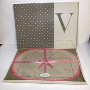 Victory Place Mat Napkin Set Pink Tan Linen 4 Place Mats 4 Napkins Vtg Unused - Picture 1 of 12