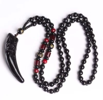 天然黑色黑曜石狼牙护身符 — 第 1/4 张图片