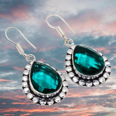 Pendiente de plata de ley 925 con piedras preciosas de turmalina Indicolite 1,8" B092 Foto 1 de 4