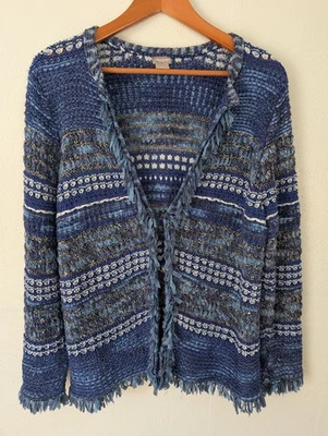 Cárdigan para mujer Chico's azul blanco plata suéter texturizado flecos XLarge Foto 1 de 4