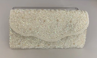 Cartera sin asas vintage años 50 perlas marfil cuentas cóctel noche boda Hong Kong Foto 1 de 4
