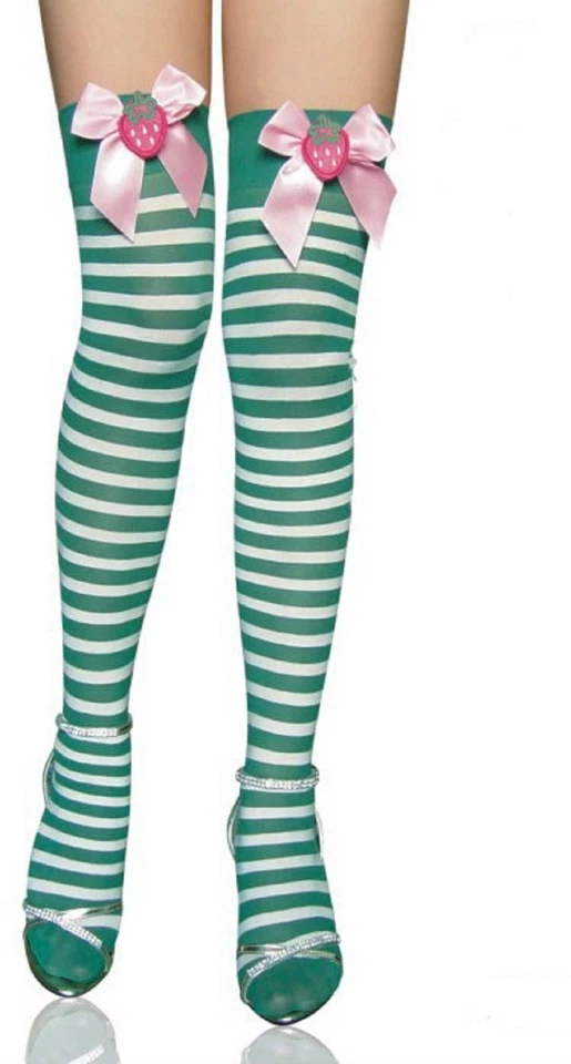 Hasta el muslo a rayas para mujer con detalles de cinta rosa fresa (verde) Foto 1 de 1