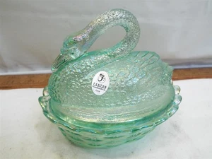 Fenton Carnival Kunst Glas Schwan auf Nest Figur bedeckt Schale Meeresschaum grün türkis - Bild 1 von 5