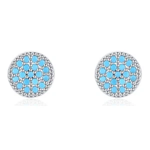 S925 Solid Sterling Silver Luxury Turquoise Blue Round Stud Earrings Women Gifts - Picture 1 of 4