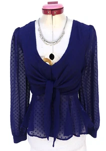 TOKITO Navy Blue Dobby TOP Size 6 NEW NWT Sheer Long Sleeves Tie Front V-Neck - Foto 1 di 6