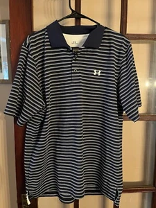 Under Armour Polo Shirt Men’s Large Blue White Stripes - Picture 1 of 5