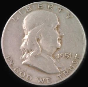 Moneda de medio dólar S Franklin 1951 - 90 % plata - moneda circulada por Estados Unidos - 0,36 oz ASW - Imagen 1 de 2