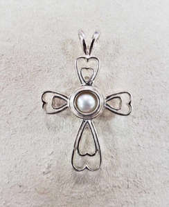 Vintage Sterling Silver Cross Pendant with Pearl, stp 925- Free Ship - Picture 1 of 8