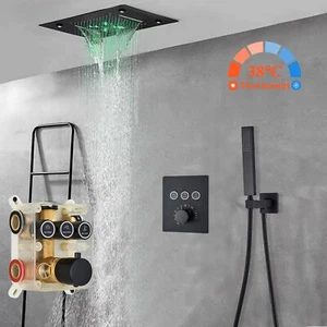 Thermostatic Shower Faucet Set System LED Rain Waterfall Shower Head Combo Black - Picture 1 of 11