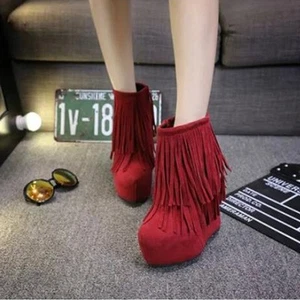 Moda Mujer Flecos Borla Tirar En Piel Gruesa Dentro Plataforma de cuña Botines - Imagen 1 de 14