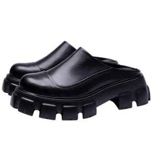 Men Round Toe Leather Platform Block Heel Slippers Casual Party Club Mules Shoes - Picture 1 of 6