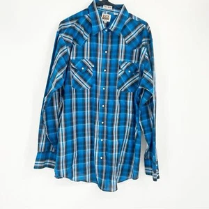 Ely Cattleman Mens Western Cowboy Shirt Blue Plaid Size XLT Pearl Snap - Picture 1 of 8