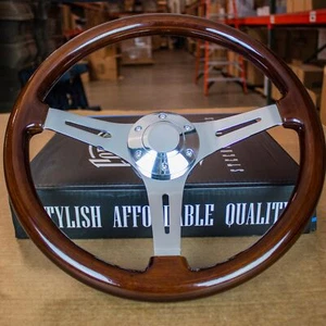 15" Chrome Steering Wheel with Dark Wood Mahogany Grip - 6 Hole Classic - Picture 1 of 7