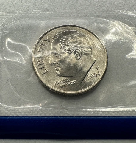 2004-P Roosevelt Dime 10cent Coin from US Mint Cellophane Set. Uncirculated Cover