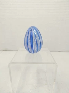 Vintage Murano Egg Blue White Ribbon Latticino Ribbon Glass Paperweight 2"H - Picture 1 of 6