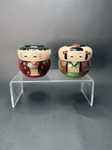 Vintage Lacquered Wood Lidded Japanese Kokeshi Doll & Geisha Kokeshi Bento Boxes - Picture 1 of 7