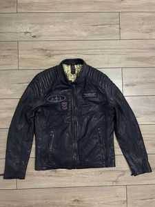 Men's Gipsy patch-embellished leather jacket Moto Blue sz L Full Zip - Picture 1 of 11