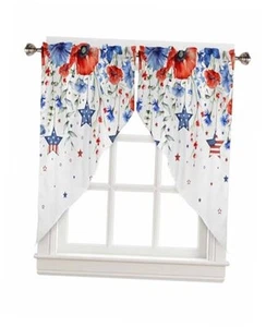 4th of July Swag Valance Curtains Blue Red Poppy Flower Independence Day Rode - Picture 1 of 7