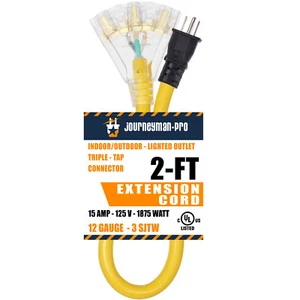Beleuchtetes Außenverlängerungskabel 2 Fuß Triple-Tap 3-Wege-Splitter 15 AMP 12 AWG Stärke - Bild 1 von 5