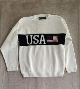 Vintage USA Flag Oversized Sweater White Knit 1990s Retro Men's Small - Picture 1 of 5