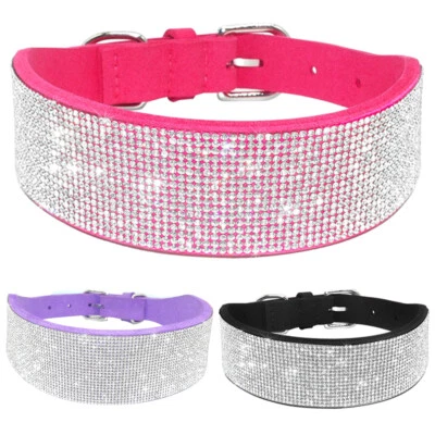 Bling Rhinestone Dog Wide Collars Suede Leather Medium Large Dogs Necklace Pink