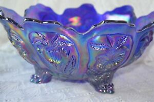 VINTAGE carnival glass large blue iridescent fruit bowl footed midcentury kitsch