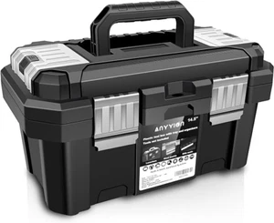 Anyyion 14-Inch Plastic Tool box with Removable Tray Small Parts Bins - Black - Picture 1 of 8
