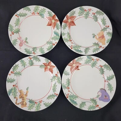 4 Disney Winnie the Pooh Piglet Tiger Christmas Salad Plates Holly Holiday Set - Image 1 of 4