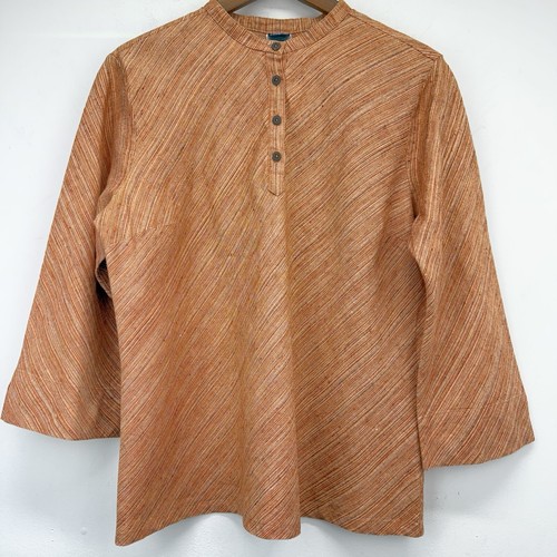 Top donna Patagonia taglia 14 arancione canapa Lagenlook a righe manica 3/4 con bottoni