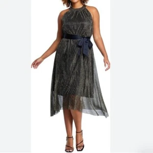 NWT Estelle Gloria Metallic Plissé Halter Midi Dress (Plus) 4 X, BLACK/ GOLD - Picture 1 of 8