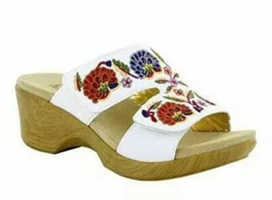 New Alegria Linn Embroidered Leather Open Toe Clog Sandal Shoes Women's 7 Wedge - Picture 1 of 7