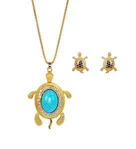 Turtle Pendant Necklace & Earrings with Turquoise, Crystals & Movable Legs Tail - Picture 1 of 5