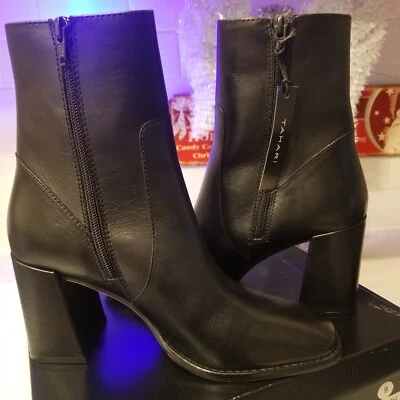 Tahari Negro Cuero Joni Plataforma Cremallera Botines 9M 3.5" Tacón Apilado Foto 1 de 4