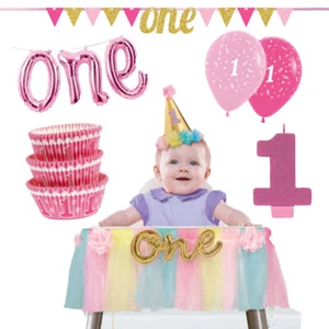 1st Birthday Party Supplies Girl Highchair Pack Pink Decorations Balloons First - Picture 1 of 8