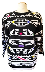 Vintage Sterling Harris Cosby Sweater Womens M Black White Geometric 1980s 1990s - Picture 1 of 11