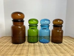 VTG Apothecary Blue Brown Green Glass Jars Lid Belgium ~6&7” Bottle Amber Lot - Picture 1 of 14