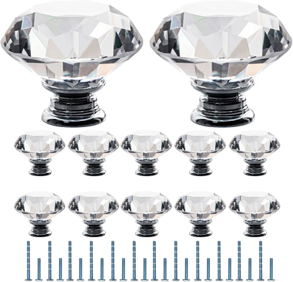 Crystal Door Knobs 12 Pcs 50mm Clear Glass Drawer Handles Diamond Cut Decor - Image 1 of 1