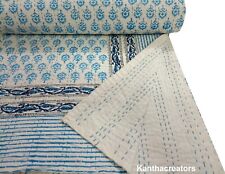 Hand Block Print Kantha Quilt Indian Cotton Bedcover Reversible Bedding Coverlet