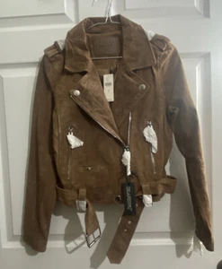 LEERE NYC NEU MIT ETIKETT $ 198 BRAUN VELOURSLEDER MOTO CROP ASYMMETRISCHE JACKE MIT GÜRTEL SMALL - Bild 1 von 10